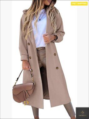 Elegant Wool Blend Pea Coat Double Breasted Notched Lapel Long Winter Coat